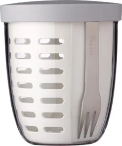 Mepal – Fruit-& Veggie Pot Ellipse – Fruitbox Voor Onderweg - Wit – Voorzien Van Vergietje En RVS Vorkje