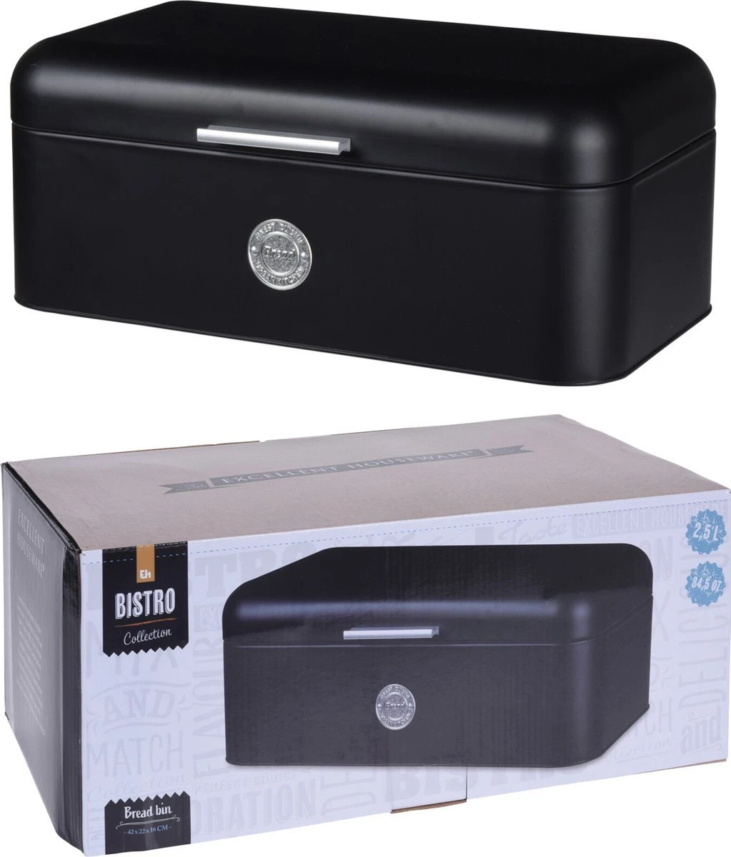 Excellent Houseware - Broodtrommel - Met Klepdeksel - Zwart - Metaal - Glans - Luchtgaten - Chique - Modern 2 Excellent Houseware - Broodtrommel - Met Klepdeksel - Zwart - Metaal - Glans - Luchtgaten - Chique - Modern - Afbeelding 2