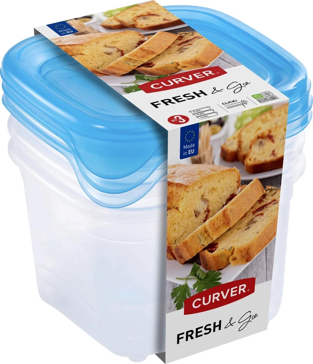 Curver Fresh & Go Vershoudbakjes Met Deksel - Vierkant - 3x0,45L - 3 Stuks - Transparant/Blauw 1 Curver Fresh & Go Vershoudbakjes Met Deksel - Vierkant - 3x0,45L - 3 Stuks - Transparant/Blauw