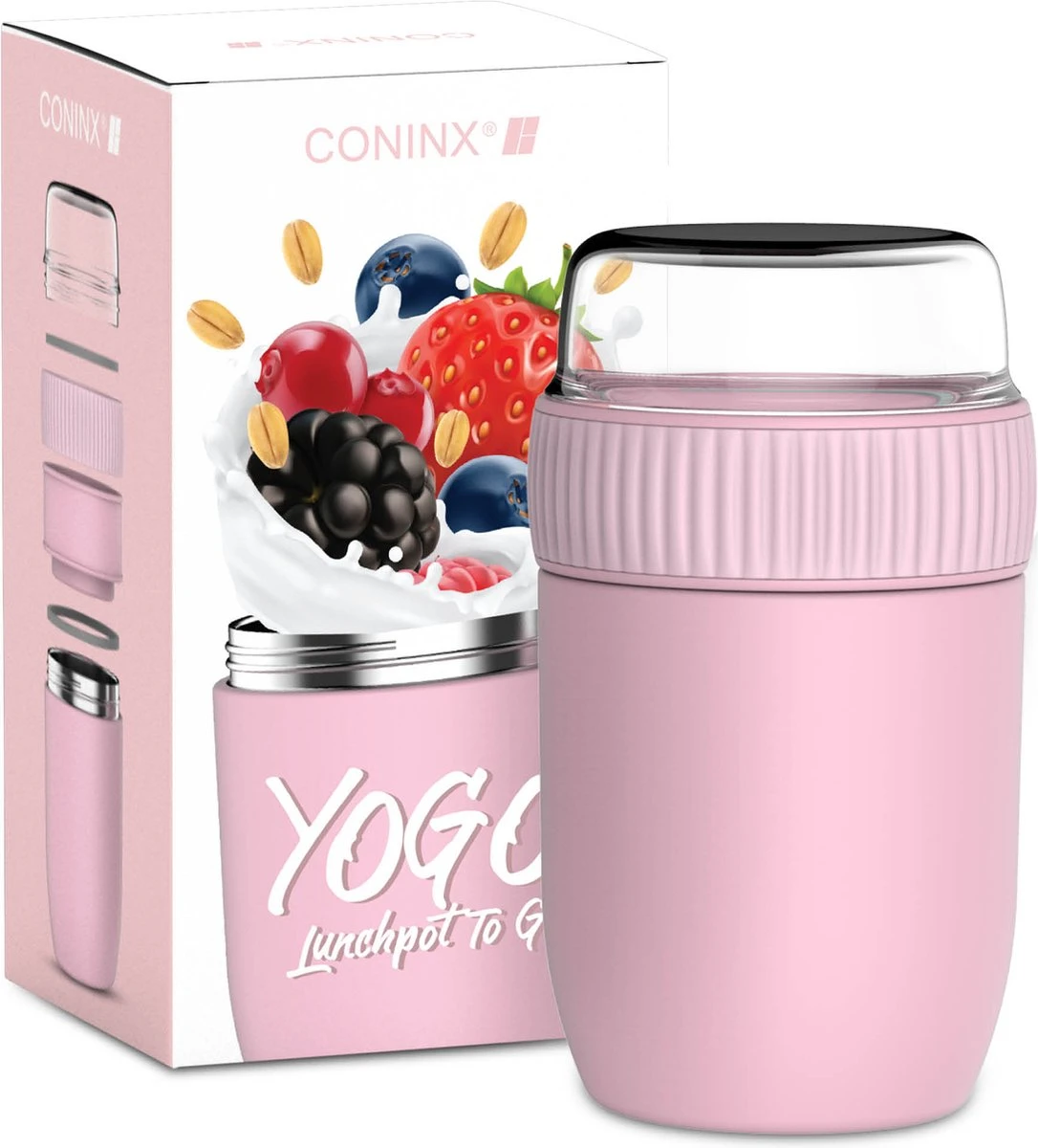 Coninx Thermos Lunchbox - Muesli Beker To Go - Isoleer Lunchpot - Yoghurtbeker To Go - Mueslibeker 840ml (600ml+240ml) - RVS / Roze 2 Coninx Thermos Lunchbox - Muesli Beker To Go - Isoleer Lunchpot - Yoghurtbeker To Go - Mueslibeker 840ml (600ml+240ml) - RVS / Roze - Afbeelding 2