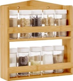 Voorkant 6 ACAZA Ophangbaar Kruidenrek Met 10 Glazen Kruidenpotjes, Spice Rack, Keuken Rek, Kruiden Organizer Voor Specerijen, Peper, Zout, 26 Cm Breed, Bamboe