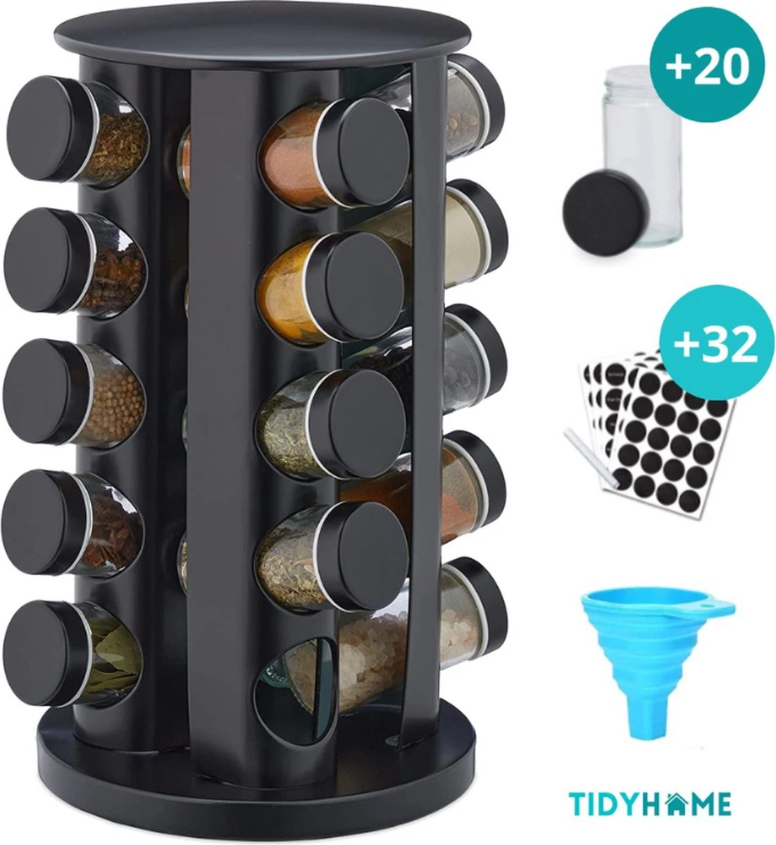 TidyHome Kruidenrek Draaibaar - Kruidenpotjes - Kruiden Carrousel - 20 Kruidenpotjes - Zwart - RVS - Draaibaar - Aanrecht Organizer - Inclusief Labels, Pen En Trechter - Keuken Organizer 1 TidyHome Kruidenrek Draaibaar - Kruidenpotjes - Kruiden Carrousel - 20 Kruidenpotjes - Zwart - RVS - Draaibaar - Aanrecht Organizer - Inclusief Labels, Pen En Trechter - Keuken Organizer
