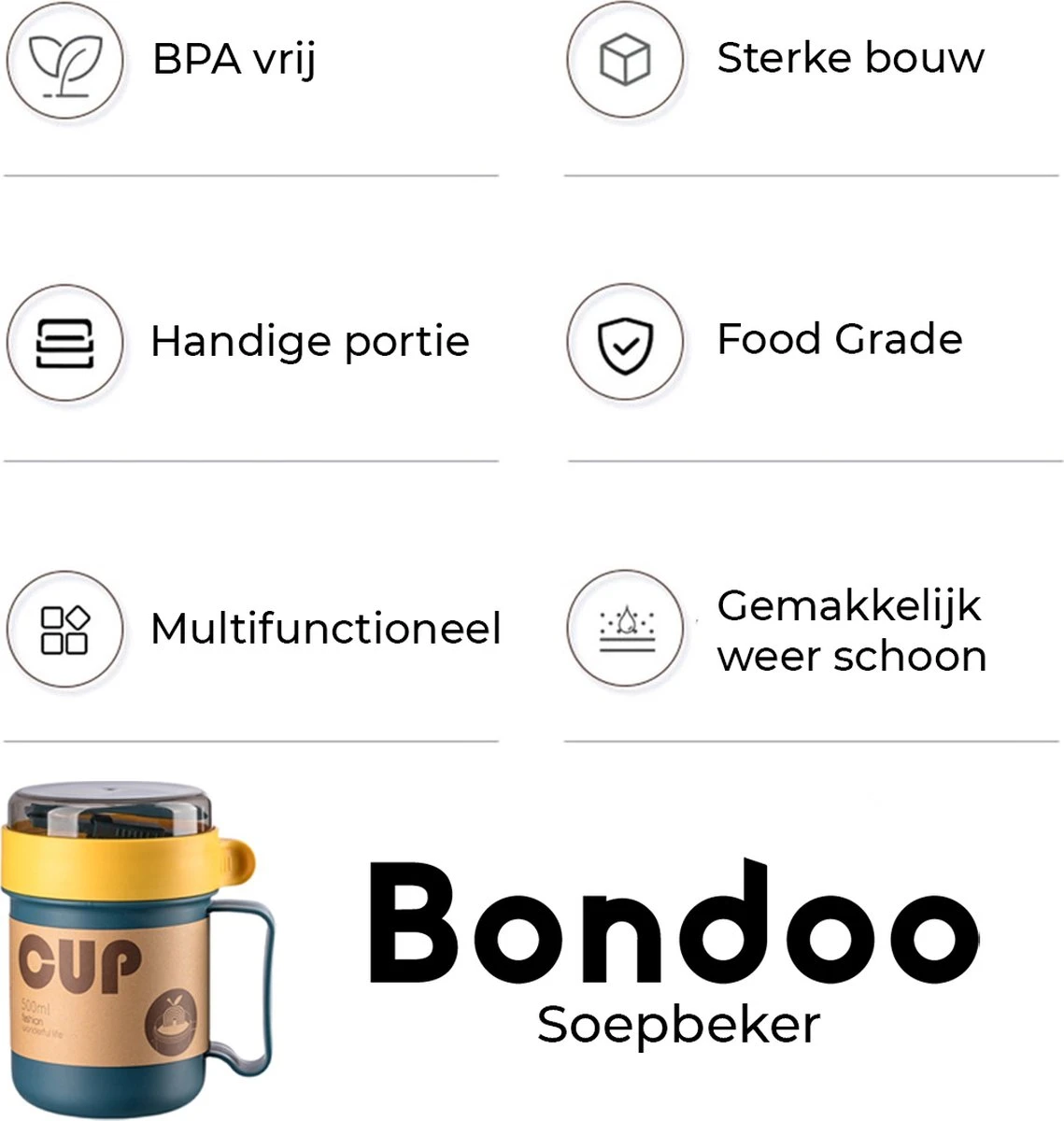 Soepbeker Magnetron Met Hendel 500ml - Hitte Bestendige Beker - Lunchcontainer - Yoghurt To Go - Soepbeker To Go - Inclusief Lepel/vork 3 Soepbeker Magnetron Met Hendel 500ml - Hitte Bestendige Beker - Lunchcontainer - Yoghurt To Go - Soepbeker To Go - Inclusief Lepel/vork - Afbeelding 3