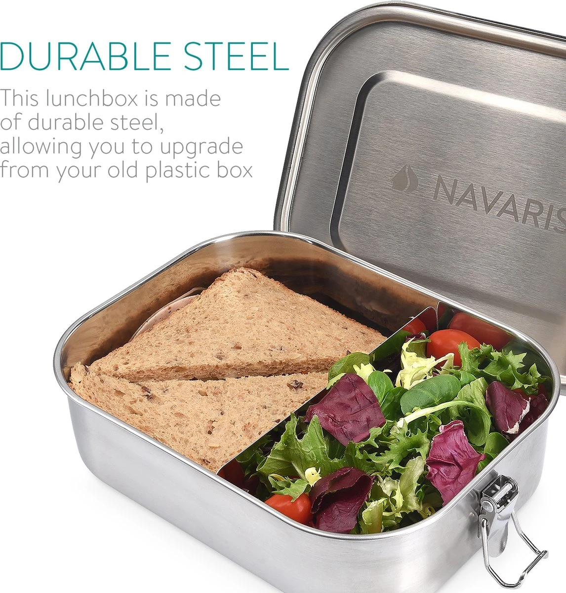 Navaris RVS Broodtrommel Met Verdeler - Meal Prep Bakje - Vershouddoos - Lunchbox - 17 X 13 X 6 Cm - Inhoud 0,8 Liter - Vaatwasbestendig 3 Navaris RVS Broodtrommel Met Verdeler - Meal Prep Bakje - Vershouddoos - Lunchbox - 17 X 13 X 6 Cm - Inhoud 0,8 Liter - Vaatwasbestendig - Afbeelding 3
