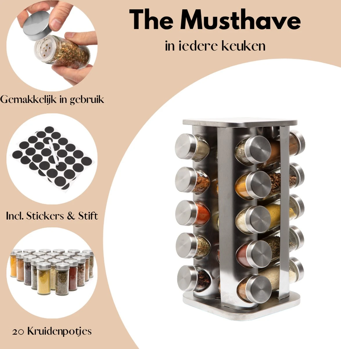Pazzo Goods - Kruidenrek Staand - Kruidenrek Met Potjes - Zilver - RVS - Kruidenrek Draaibaar - 20 Kruidenpotjes - Inclusief Stickers & Stift - Kruiden Carrousel 2 Pazzo Goods - Kruidenrek Staand - Kruidenrek Met Potjes - Zilver - RVS - Kruidenrek Draaibaar - 20 Kruidenpotjes - Inclusief Stickers & Stift - Kruiden Carrousel - Afbeelding 2