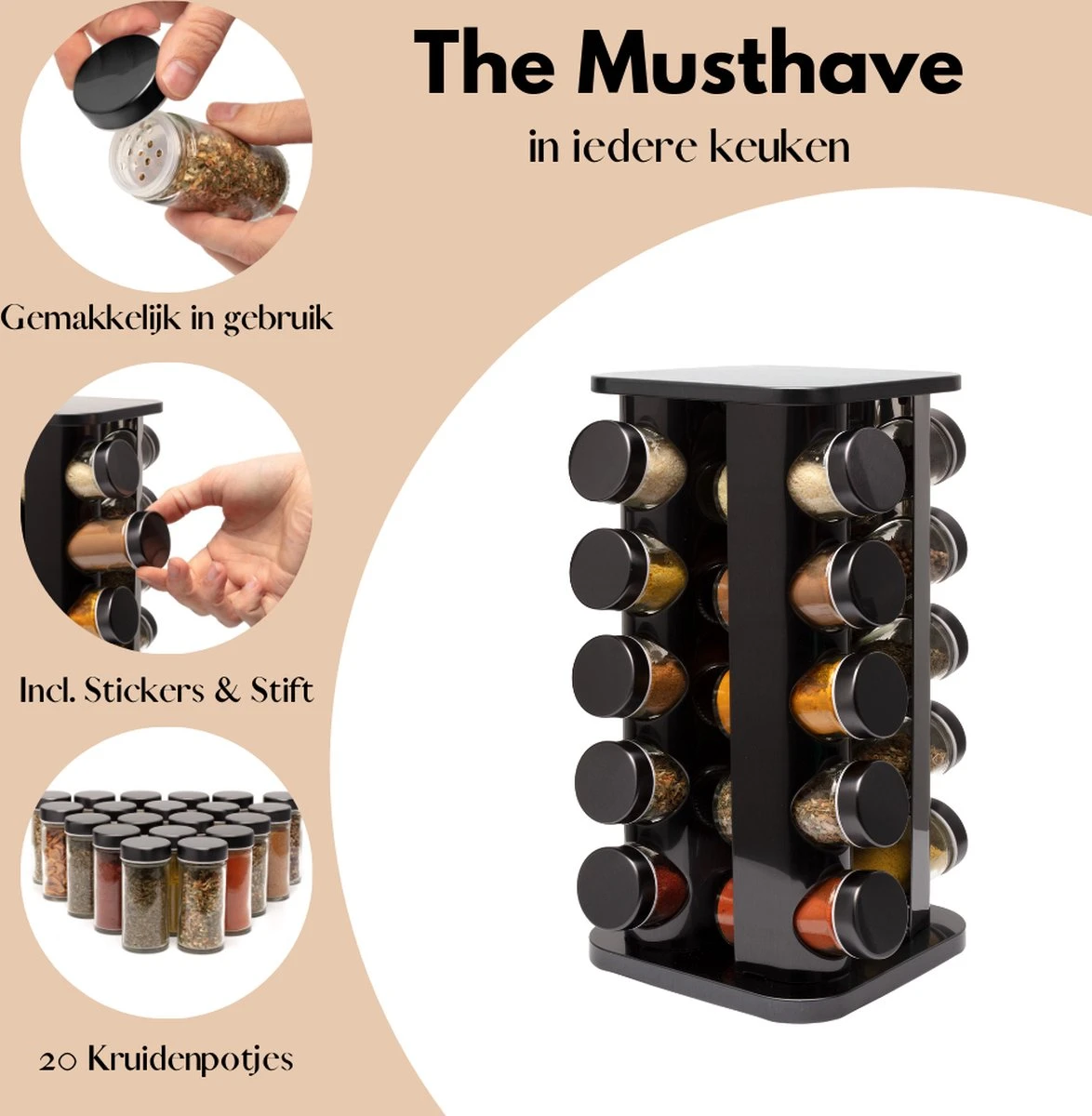 Pazzo Goods - Kruidenrek Staand - Kruidenrek Met Potjes - Zwart - RVS - Kruidenrek Draaibaar - 20 Kruidenpotjes - Inclusief Stickers & Stift - Kruiden Carrousel 3 Pazzo Goods - Kruidenrek Staand - Kruidenrek Met Potjes - Zwart - RVS - Kruidenrek Draaibaar - 20 Kruidenpotjes - Inclusief Stickers & Stift - Kruiden Carrousel - Afbeelding 3