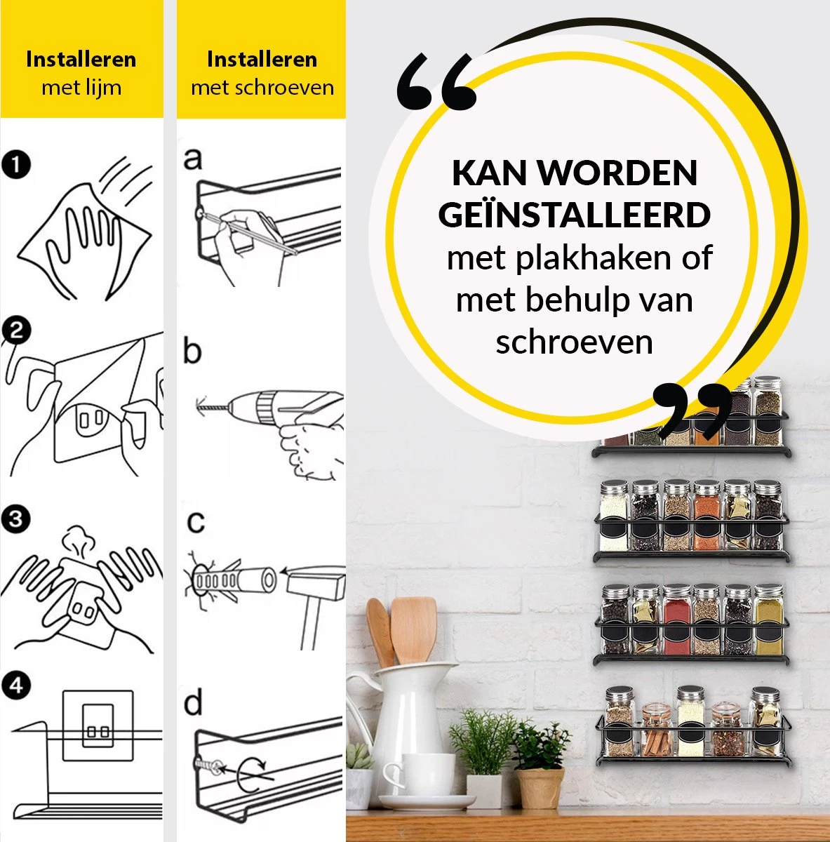 YORGS Kruidenrek Ophangbaar - Kruidenrekje Voor Potjes - Kruidenrekken Hangend 4 Stuks - Zwart - Inc Ophangmateriaal 4 YORGS Kruidenrek Ophangbaar - Kruidenrekje Voor Potjes - Kruidenrekken Hangend 4 Stuks - Zwart - Inc Ophangmateriaal - Afbeelding 4