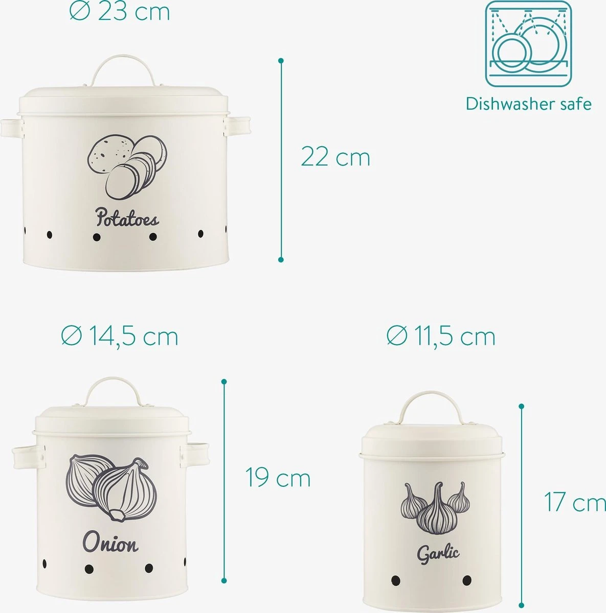 Navaris Set Van 3 Voorraadpotten - Voor Aardappelen, Uien En Knoflook - Metalen Voorraadblikken - Voor Opslag En Houdbaarheid - Vaatwasserbestendig 2 Navaris Set Van 3 Voorraadpotten - Voor Aardappelen, Uien En Knoflook - Metalen Voorraadblikken - Voor Opslag En Houdbaarheid - Vaatwasserbestendig - Afbeelding 2