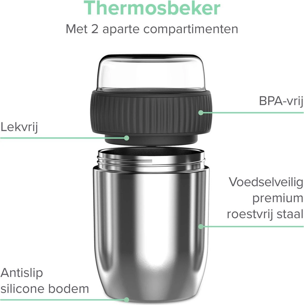 Coninx Thermos Lunchbox - Muesli Beker To Go - Isoleer Lunchpot - Yoghurtbeker To Go - Mueslibeker 840ml (600ml+240ml) - RVS 4 Coninx Thermos Lunchbox - Muesli Beker To Go - Isoleer Lunchpot - Yoghurtbeker To Go - Mueslibeker 840ml (600ml+240ml) - RVS - Afbeelding 4