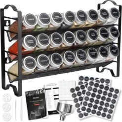 Deleca Kruidenrek Organizer Met 24 Kruidenpotjes - Vierkant - Strooideksel & Labels - Ophangbaar Of Staand - Industrieel / Zwart