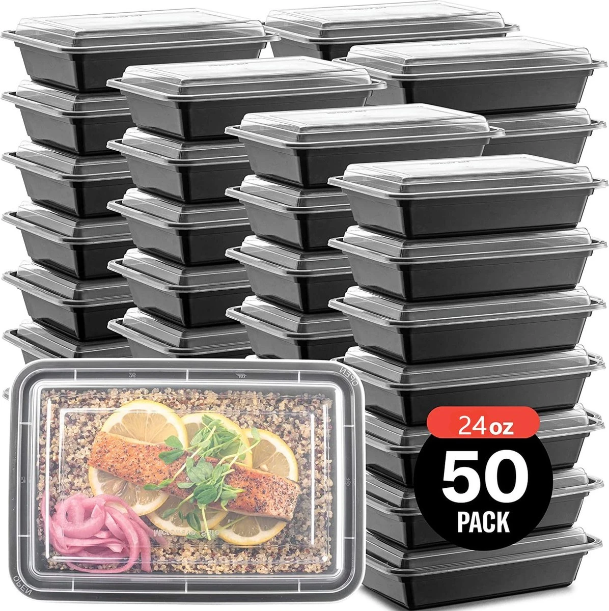Buxibo - 50 Meal Prep Bakjes - Salade/Lunch Box - Diepvriesbakjes - Vershoudbakjes - Plastic Bakjes Met Deksel - Vershouddoos - Magnetron Vaatwasser Bestendig - 24 Oz/0.7 Liter Inhoud - Herbruikbaar - Kunststof - BPA Vrij - Zwart 1 Buxibo - 50 Meal Prep Bakjes - Salade/Lunch Box - Diepvriesbakjes - Vershoudbakjes - Plastic Bakjes Met Deksel - Vershouddoos - Magnetron Vaatwasser Bestendig - 24 Oz/0.7 Liter Inhoud - Herbruikbaar - Kunststof - BPA Vrij - Zwart