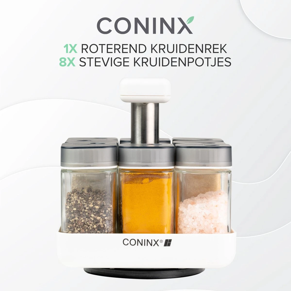 Coninx Kruidenrek Staand - Draaiend Kruidenrek Met Glazen Potjes - Kruidencarrousel Draaibaar - 8 Kruidenpotjes - Wit / RVS 6 Coninx Kruidenrek Staand - Draaiend Kruidenrek Met Glazen Potjes - Kruidencarrousel Draaibaar - 8 Kruidenpotjes - Wit / RVS - Afbeelding 6