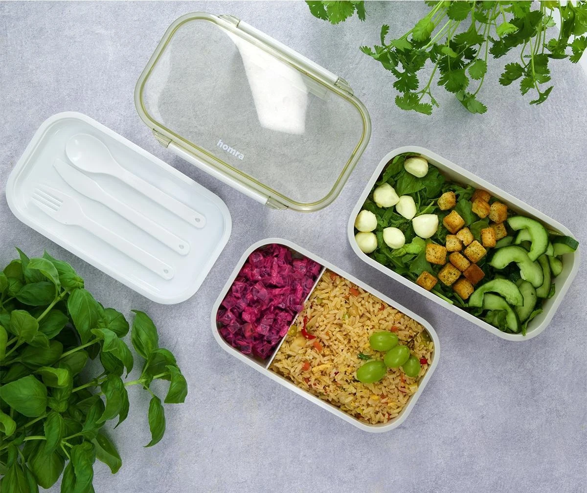 Homra Lunchbox STAQS Grey - Bento Box - 2 Laags Broodtrommel - 3 Compartimenten - Grijs - Lunch To Go - Duurzaam Kunststof - BPA Vrij - 3 Vaks Lunchtrommel Voor Volwassenen - Inclusief Bestek - Magnetron, Diepvries, Vaatwasser Bestendig - Vers Houden 4 Homra Lunchbox STAQS Grey - Bento Box - 2 Laags Broodtrommel - 3 Compartimenten - Grijs - Lunch To Go - Duurzaam Kunststof - BPA Vrij - 3 Vaks Lunchtrommel Voor Volwassenen - Inclusief Bestek - Magnetron, Diepvries, Vaatwasser Bestendig - Vers Houden - Afbeelding 4