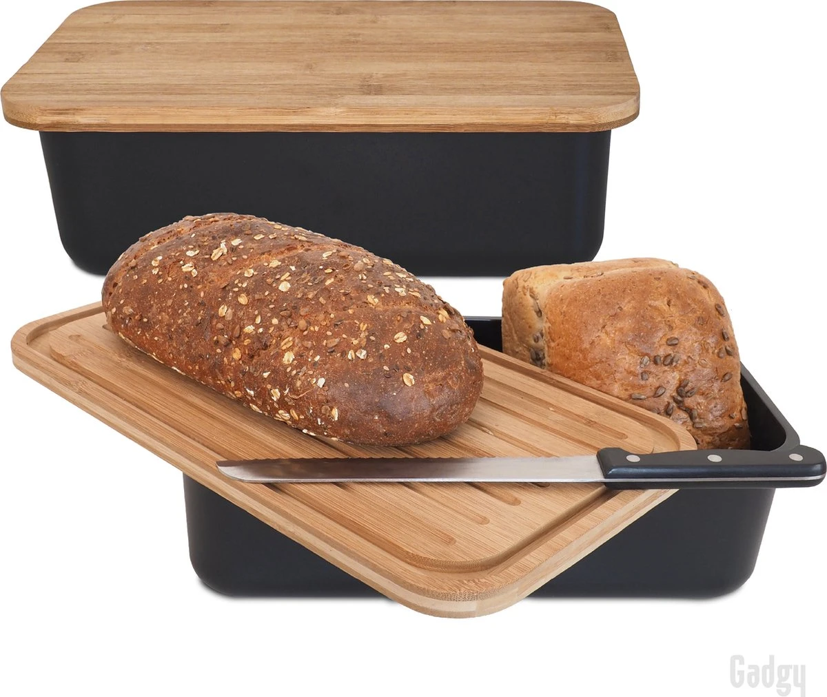 Gadgy Broodtrommel Met Bamboe Deksel – Brooddoos Met Snijplank - 36x19.5x11.5 Cm- Zwart 1 Gadgy Broodtrommel Met Bamboe Deksel – Brooddoos Met Snijplank - 36x19.5x11.5 Cm- Zwart