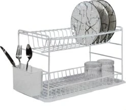 Afdruiprek Met Lekbak - Wit - Afwas Druiprek Droogrek Met Bestekmand & Glazenrek - 2 Etages - 49x26x12 Cm