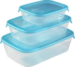 Voorkant 14 Curver Fresh & Go Vershoudbakjes Met Deksel - Rechthoekig - 0,5L - 1L En 2L - 3 Stuks - Transparant/Blauw