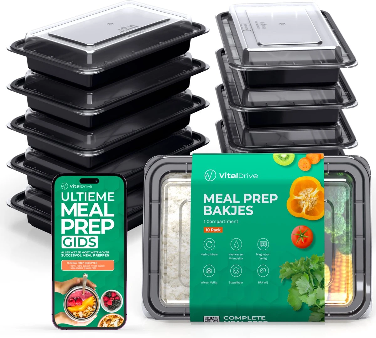 VitalDrive Meal Prep Bakjes - Magnetron Bakjes Met Deksel - Vershoudbakjes Set - Plastic Bakjes - 10 Stuks 1 VitalDrive Meal Prep Bakjes - Magnetron Bakjes Met Deksel - Vershoudbakjes Set - Plastic Bakjes - 10 Stuks
