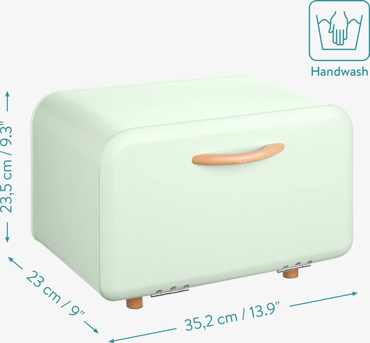 Navaris Metalen Broodtrommel Met Klapdeksel - Vershouddoos Voor Brood - 35 X 24 X 23 Cm - Van Ijzer Met Houten Details In Mintgroen 5 Navaris Metalen Broodtrommel Met Klapdeksel - Vershouddoos Voor Brood - 35 X 24 X 23 Cm - Van Ijzer Met Houten Details In Mintgroen - Afbeelding 5