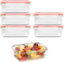 Voorkant 18 Lock&Lock Glazen Vershoudbakjes - Glazen Meal Prep Bakjes - Glazen Bakjes Met Deksel - Ovenschaaltjes Met Deksel - Set Van 6 Stuks - 380 Ml
