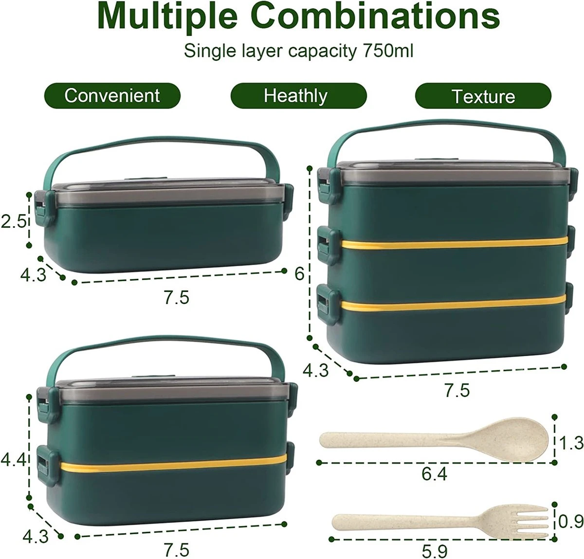 Lunchbox, Bento Box Voor Volwassenen Kinderen, Kinderlunchbox Met Compartimenten, 3-laags Lekvrije Bento-lunchbox Met Vork, Lepel, Geschikt Voor Lunchbox Voor Werk, Kantoor, School (2,25L Groen) 6 Lunchbox, Bento Box Voor Volwassenen Kinderen, Kinderlunchbox Met Compartimenten, 3-laags Lekvrije Bento-lunchbox Met Vork, Lepel, Geschikt Voor Lunchbox Voor Werk, Kantoor, School (2,25L Groen) - Afbeelding 6