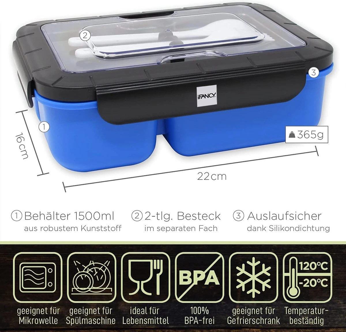 IFancy LUNCHBOX YUMMY - Bento Box 1500ml + Bestek - 3 Compartimenten - BPA Vrij & Lekvrij - Vaatwasser Magnetron & Vriezer - Lunch Box Voor Kinderen & Volwassenen (Blauw) 2 IFancy LUNCHBOX YUMMY - Bento Box 1500ml + Bestek - 3 Compartimenten - BPA Vrij & Lekvrij - Vaatwasser Magnetron & Vriezer - Lunch Box Voor Kinderen & Volwassenen (Blauw) - Afbeelding 2