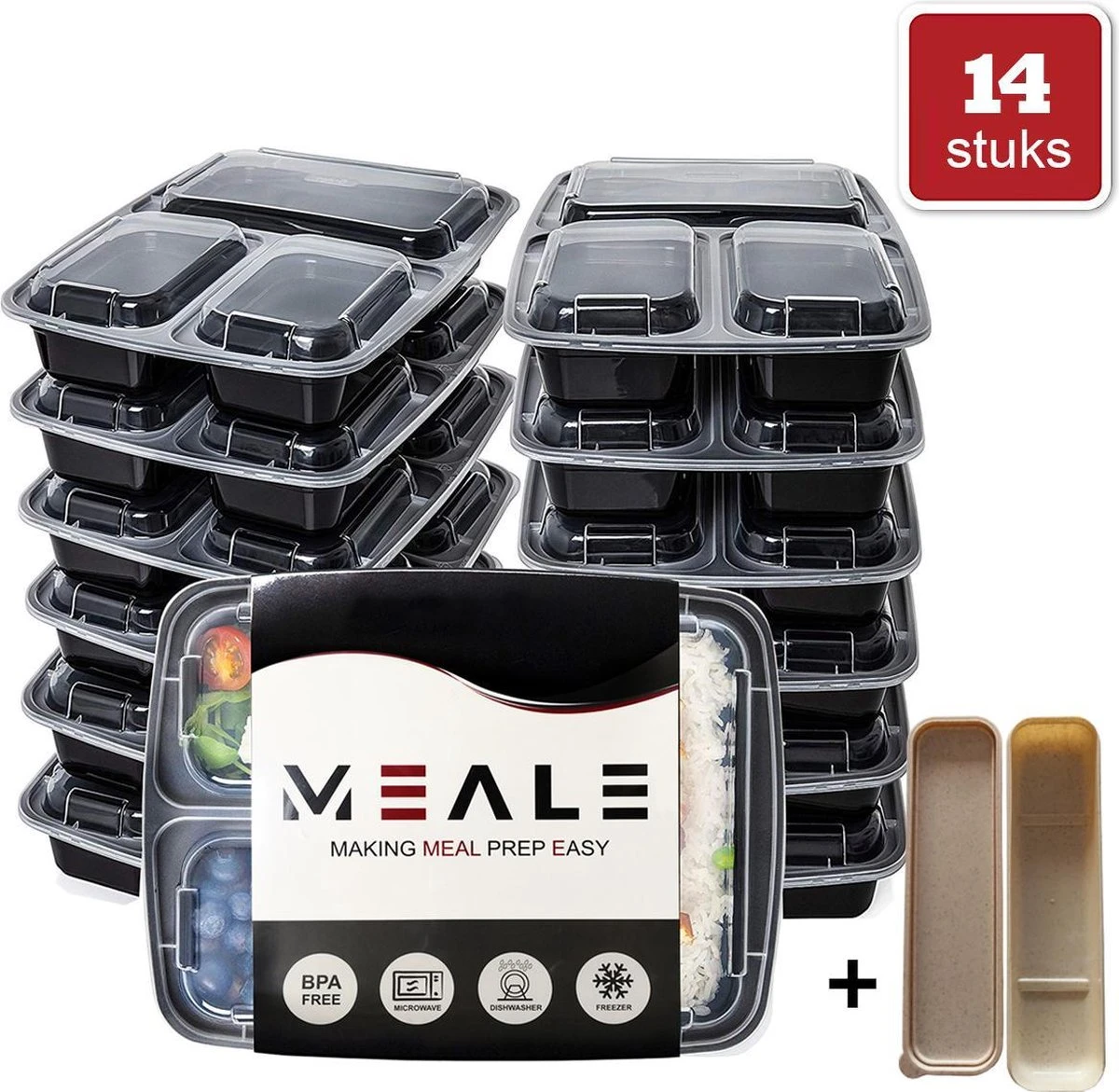 MEALE® - Meal Prep Bakjes 14 Stuks + Bestekhouder - 3 Vakken - BPA Vrij - Vershoud Lunchbox - Food Prep Containers - Maaltijdbakjes 1 MEALE® - Meal Prep Bakjes 14 Stuks + Bestekhouder - 3 Vakken - BPA Vrij - Vershoud Lunchbox - Food Prep Containers - Maaltijdbakjes