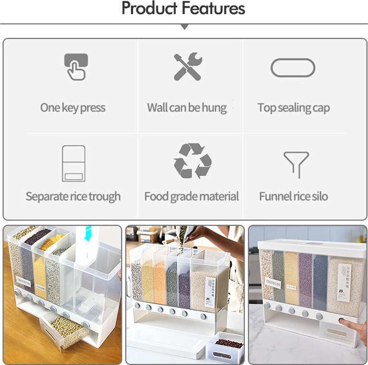 Food Dispensers - Cereal & Noten Dispensers - Rijst Dispensers - 6 Containers - Wit - 3 Food Dispensers - Cereal & Noten Dispensers - Rijst Dispensers - 6 Containers - Wit - - Afbeelding 3