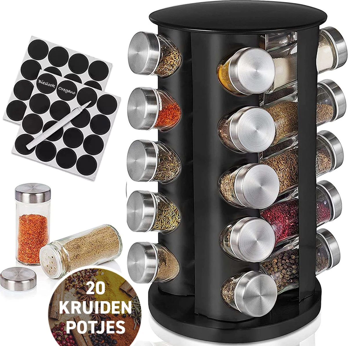 Merkloos Draaibaar Kruidenrek Met 20 Kruidenpotjes - Kruidenrek Staand - Aanrecht Organiser - Glazen Potjes Met Deksel - Inclusief 32 Etiketten En 1 Uitwisbare Stift - Ronde Afwerking - Zwart 1 Merkloos Draaibaar Kruidenrek Met 20 Kruidenpotjes - Kruidenrek Staand - Aanrecht Organiser - Glazen Potjes Met Deksel - Inclusief 32 Etiketten En 1 Uitwisbare Stift - Ronde Afwerking - Zwart
