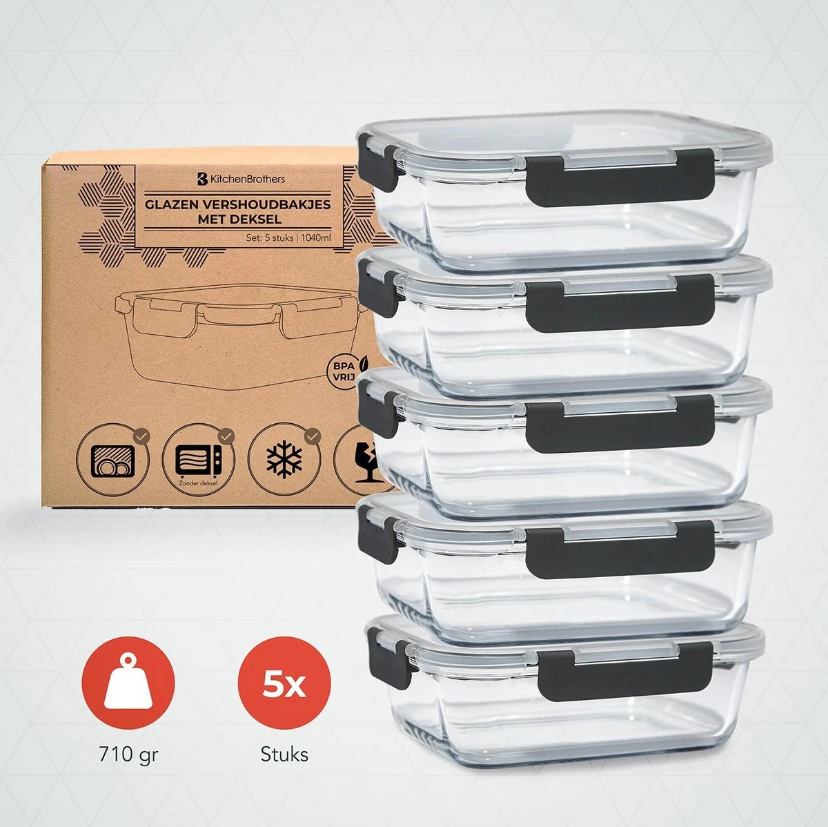 KitchenBrothers Meal Prep Bakjes - Set - Luchtdicht - BPA Vrij - 1L - Glas - 5 Stuks 6 KitchenBrothers Meal Prep Bakjes - Set - Luchtdicht - BPA Vrij - 1L - Glas - 5 Stuks - Afbeelding 6