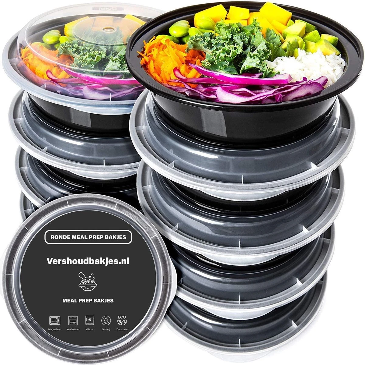 Ronde Meal Prep Bakjes - 10 Stuks - Herbruikbaar - Mealprep Containers Met Deksels - Lek Vrij - Saladebakjes - Vershoudbakje - BPA Vrij - Magnetronbakje - Diepvriesbakje - Koelkastbakje - Pokebowl - 850 ML - Zwart 1 Ronde Meal Prep Bakjes - 10 Stuks - Herbruikbaar - Mealprep Containers Met Deksels - Lek Vrij - Saladebakjes - Vershoudbakje - BPA Vrij - Magnetronbakje - Diepvriesbakje - Koelkastbakje - Pokebowl - 850 ML - Zwart