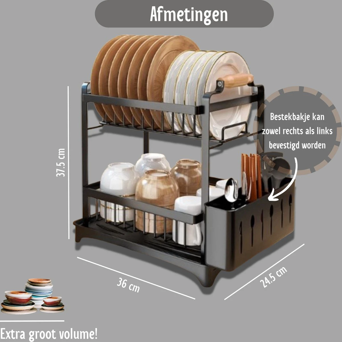 Afdruiprek - Zwart/ Met Flexibele Water Afvoer/ Borden, Pannen Bestek/ RVS/ Lichtgewicht/ Lekbak/ Luxe Uitvoering 2 Afdruiprek - Zwart/ Met Flexibele Water Afvoer/ Borden, Pannen Bestek/ RVS/ Lichtgewicht/ Lekbak/ Luxe Uitvoering - Afbeelding 2