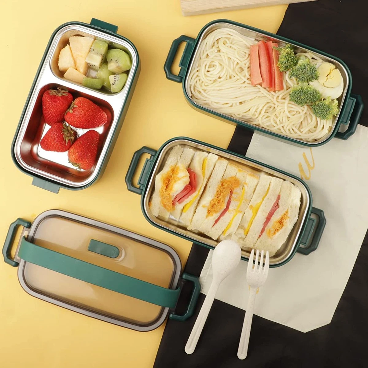 Lunchbox, Bento Box Voor Volwassenen Kinderen, Kinderlunchbox Met Compartimenten, 3-laags Lekvrije Bento-lunchbox Met Vork, Lepel, Geschikt Voor Lunchbox Voor Werk, Kantoor, School (2,25L Groen) 7 Lunchbox, Bento Box Voor Volwassenen Kinderen, Kinderlunchbox Met Compartimenten, 3-laags Lekvrije Bento-lunchbox Met Vork, Lepel, Geschikt Voor Lunchbox Voor Werk, Kantoor, School (2,25L Groen) - Afbeelding 7