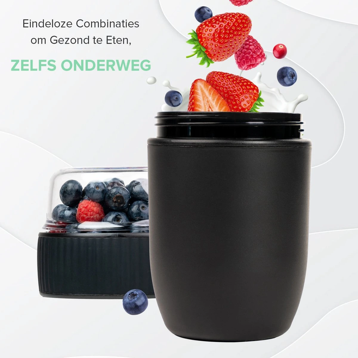 Coninx Yoghurtbeker To Go - Muesli Beker To Go - Lunchbeker - Mueslibeker 640ml (450ml+190ml) - Zwart 4 Coninx Yoghurtbeker To Go - Muesli Beker To Go - Lunchbeker - Mueslibeker 640ml (450ml+190ml) - Zwart - Afbeelding 4