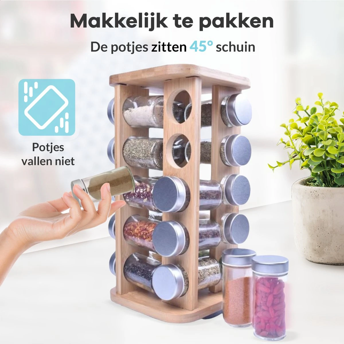 LuZana® Draaibaar Kruidenrek Staand Met Potjes - Bamboe- 20 Kruidenpotjes Met Strooideksel – Incl. Labels, Krijtstift En Trechter 6 LuZana® Draaibaar Kruidenrek Staand Met Potjes - Bamboe- 20 Kruidenpotjes Met Strooideksel – Incl. Labels, Krijtstift En Trechter - Afbeelding 6