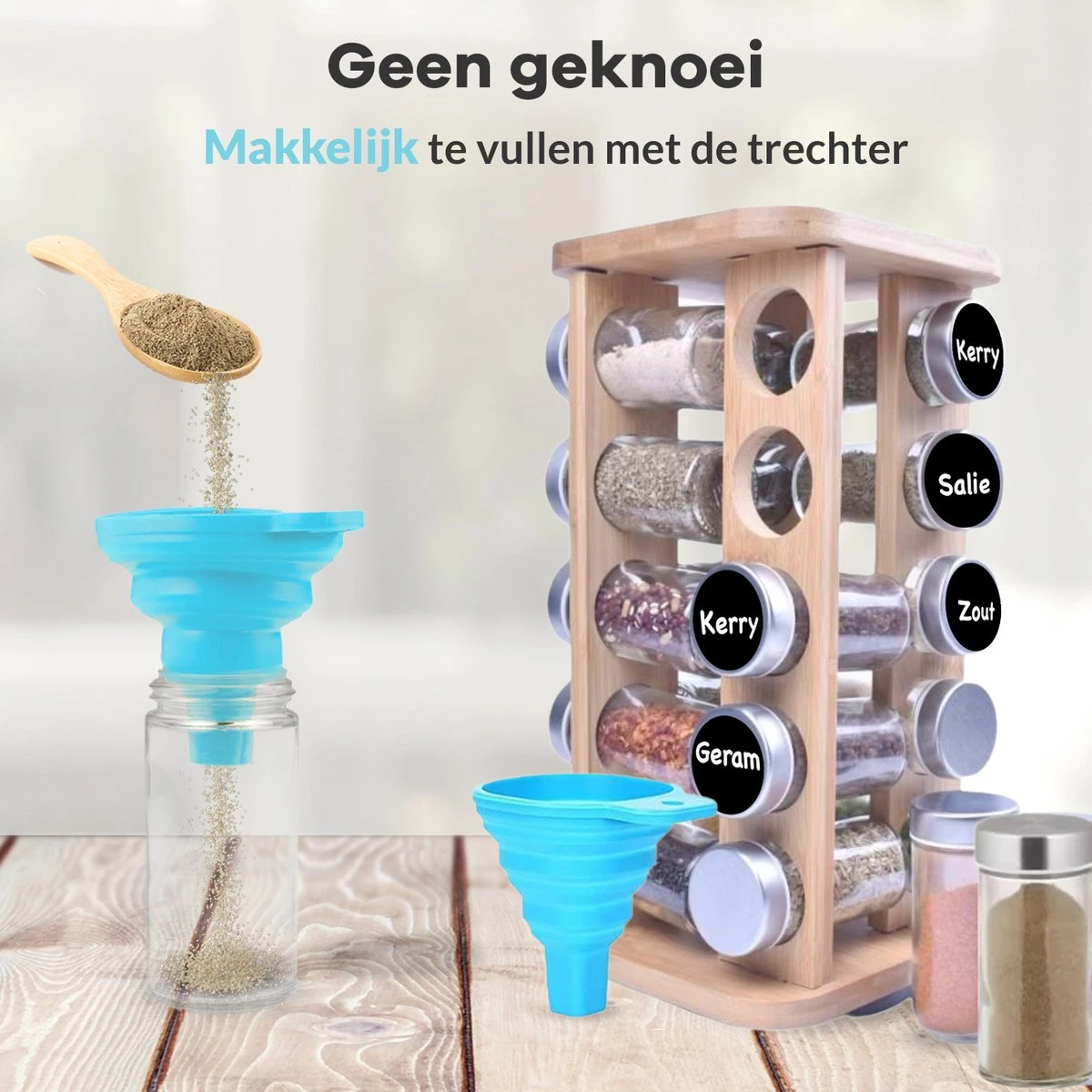 LuZana® Draaibaar Kruidenrek Staand Met Potjes - Bamboe- 20 Kruidenpotjes Met Strooideksel – Incl. Labels, Krijtstift En Trechter 7 LuZana® Draaibaar Kruidenrek Staand Met Potjes - Bamboe- 20 Kruidenpotjes Met Strooideksel – Incl. Labels, Krijtstift En Trechter - Afbeelding 7