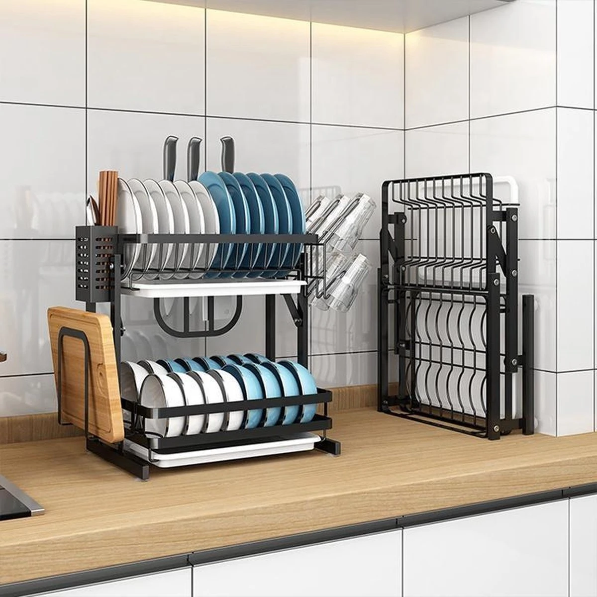 TammaT - Afdruiprek Met Lekbak 2 Laags – Inklapbaar - Afwasrek – Met 2 Lekbakken – Extra Accessories Voor Servies En Snijplanken - RVS - 38x35x26,5cm 1 TammaT - Afdruiprek Met Lekbak 2 Laags – Inklapbaar - Afwasrek – Met 2 Lekbakken – Extra Accessories Voor Servies En Snijplanken - RVS - 38x35x26,5cm