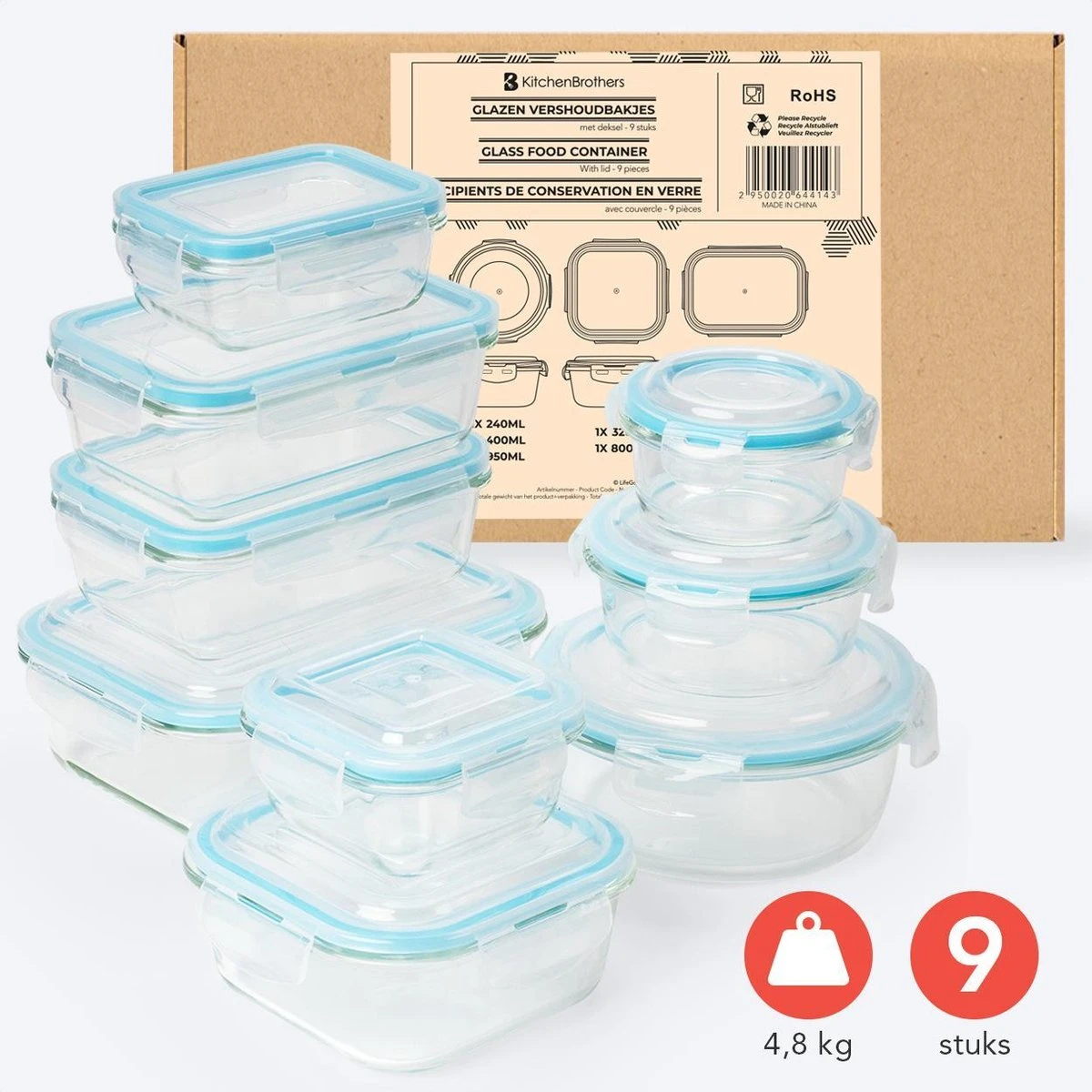 KitchenBrothers Meal Prep Bakjes - Set - Luchtdicht - BPA Vrij - Glas - 9 Stuks 9 KitchenBrothers Meal Prep Bakjes - Set - Luchtdicht - BPA Vrij - Glas - 9 Stuks - Afbeelding 9