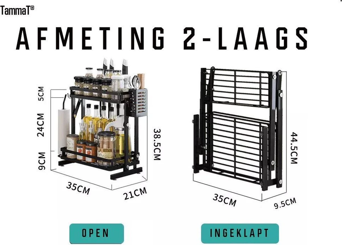 TammaT - Kruidenrek - Kruidenrek Staand - Inklapbare Keukenrek - 3-laags 35x21x56,5CM - Keuken Organizer - Aanrecht Organizer - Keuken Opslag - Roestvrij Staal - Opbergrek - Keuken Organizers - Roestvrij En Krasvrij 9 TammaT - Kruidenrek - Kruidenrek Staand - Inklapbare Keukenrek - 3-laags 35x21x56,5CM - Keuken Organizer - Aanrecht Organizer - Keuken Opslag - Roestvrij Staal - Opbergrek - Keuken Organizers - Roestvrij En Krasvrij - Afbeelding 9