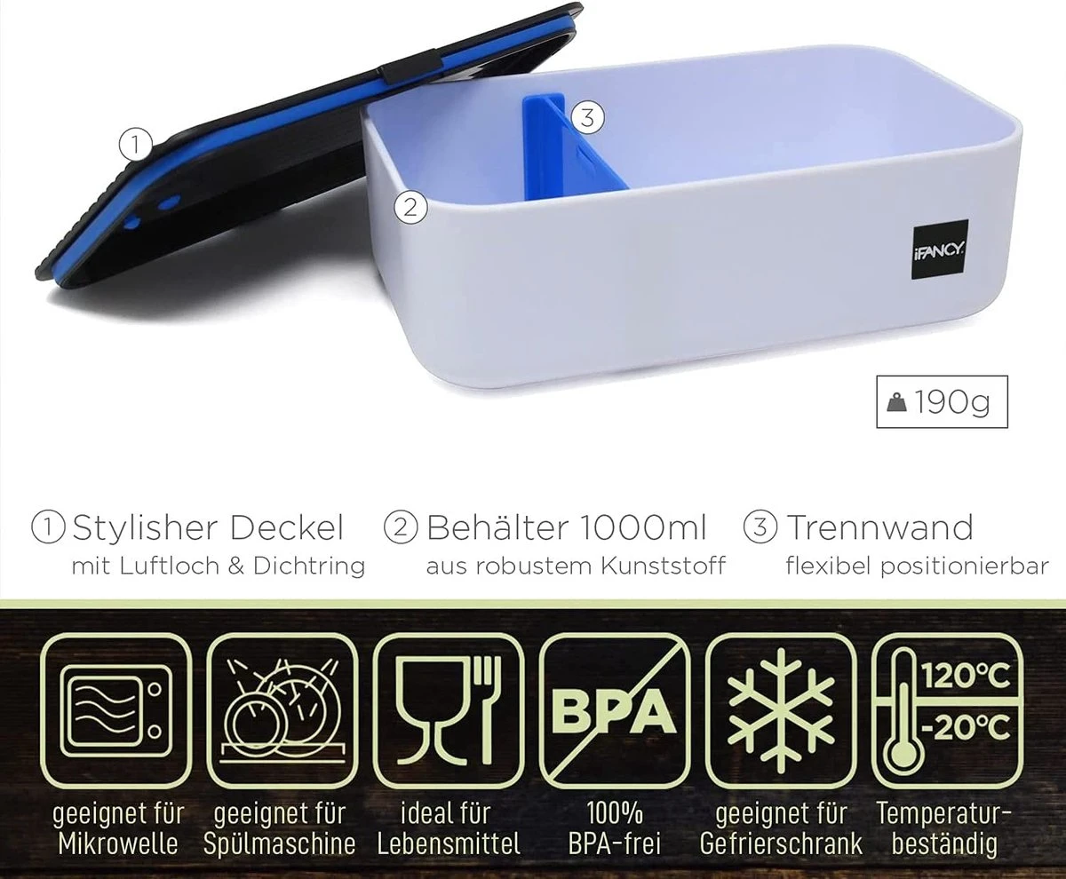 IFancy Lunchbox Tasty - Bento Lunch Box 1000ml - Dicht & Lekvrij Voor Kinderen & Volwassenen - Kantoor & School - BPA Vrij - Vaatwasser Magnetron & Vriezer Lunch Box (Blauw) 2 IFancy Lunchbox Tasty - Bento Lunch Box 1000ml - Dicht & Lekvrij Voor Kinderen & Volwassenen - Kantoor & School - BPA Vrij - Vaatwasser Magnetron & Vriezer Lunch Box (Blauw) - Afbeelding 2