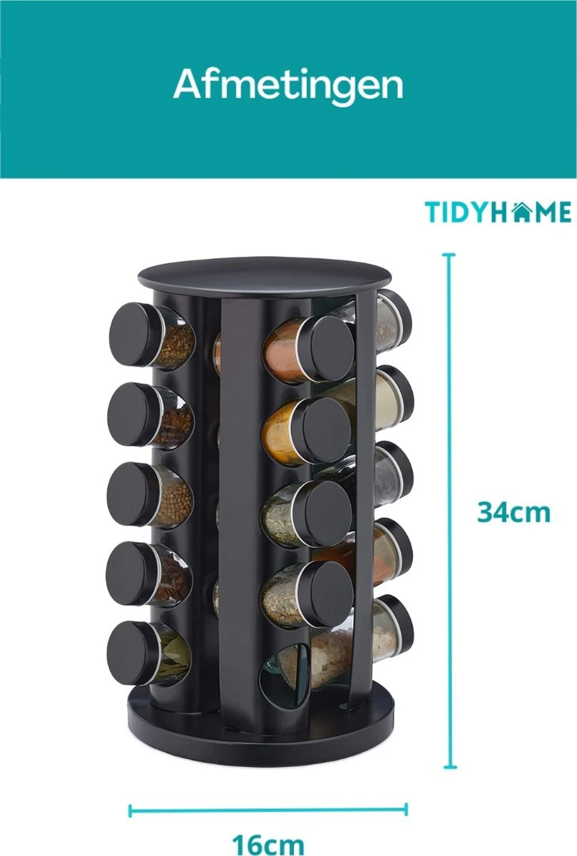 TidyHome Kruidenrek Draaibaar - Kruidenpotjes - Kruiden Carrousel - 20 Kruidenpotjes - Zwart - RVS - Draaibaar - Aanrecht Organizer - Inclusief Labels, Pen En Trechter - Keuken Organizer 2 TidyHome Kruidenrek Draaibaar - Kruidenpotjes - Kruiden Carrousel - 20 Kruidenpotjes - Zwart - RVS - Draaibaar - Aanrecht Organizer - Inclusief Labels, Pen En Trechter - Keuken Organizer - Afbeelding 2