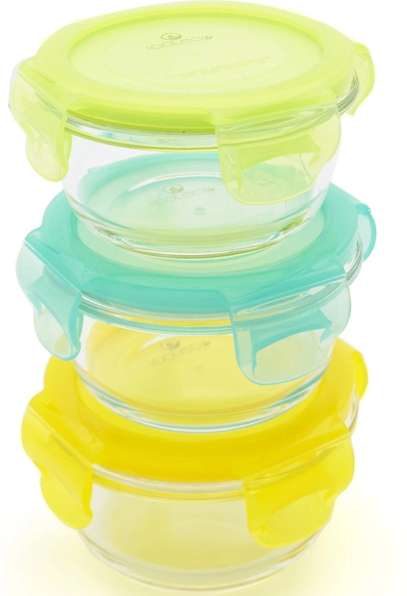 KOOLECO 3 Glazen Vershoudbakjes Met Deksel 210ml - Blauw Geel Groen Rond 1 KOOLECO 3 Glazen Vershoudbakjes Met Deksel 210ml - Blauw Geel Groen Rond