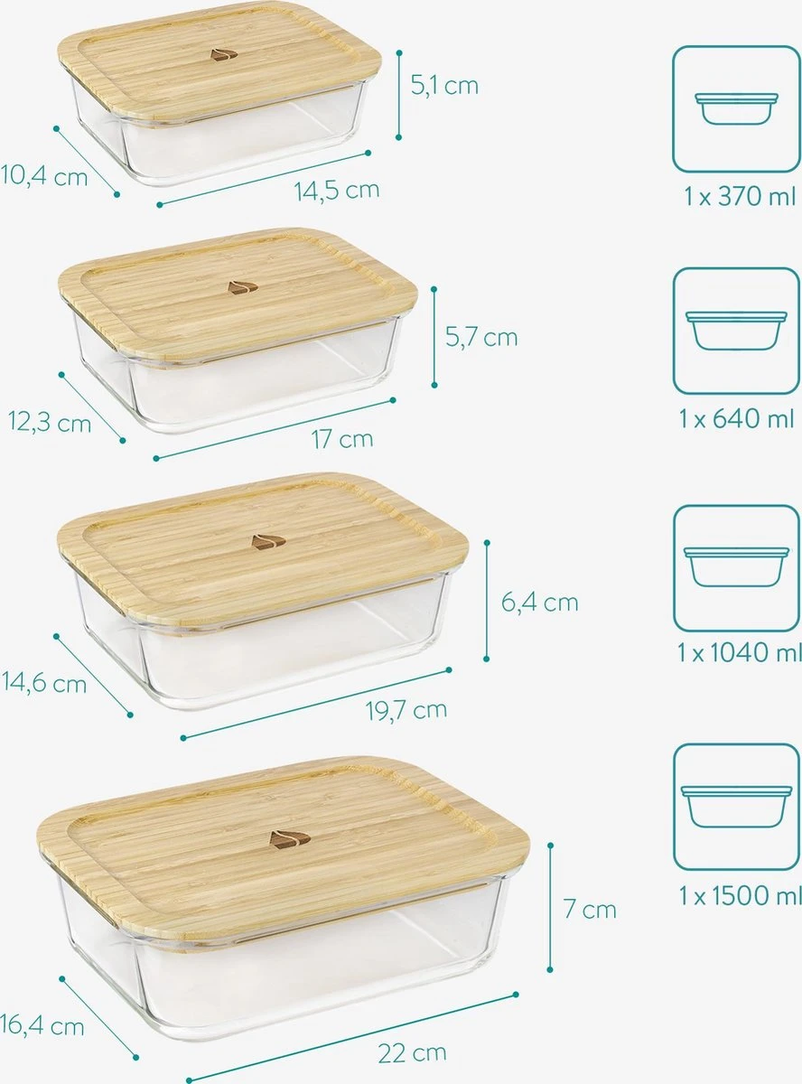 Navaris Glazen Vershoudbakjes - Set Van 4 - Meal Prep Bakjes Met Bamboe Deksel - 4x Vershouddoos Van Glas - BPA-vrij - Bakjes In 4 Maten 2 Navaris Glazen Vershoudbakjes - Set Van 4 - Meal Prep Bakjes Met Bamboe Deksel - 4x Vershouddoos Van Glas - BPA-vrij - Bakjes In 4 Maten - Afbeelding 2